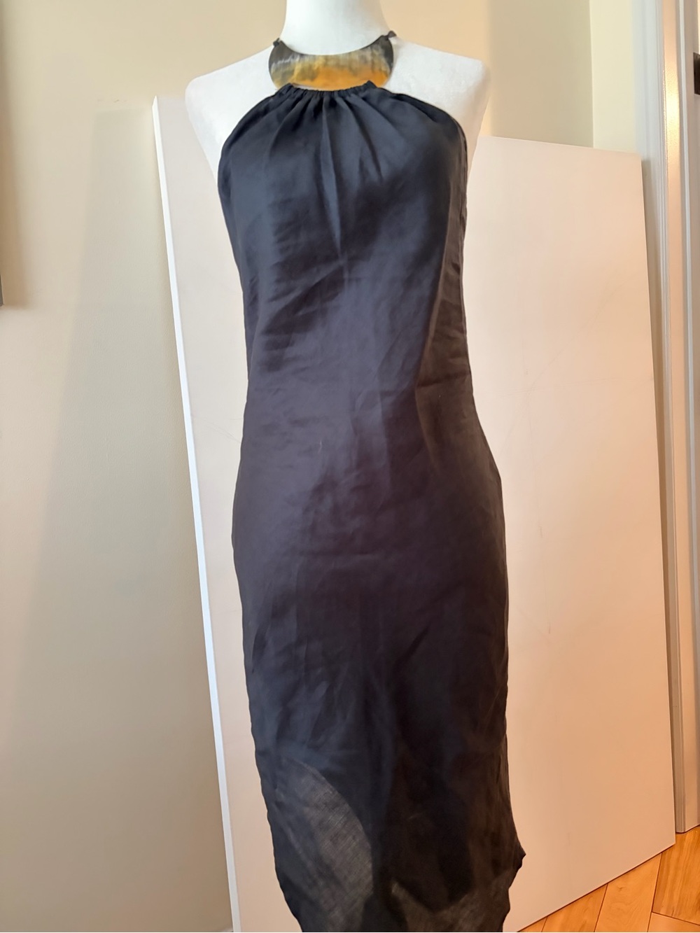 Black Halter Dress with Asymmetrical Hem & Accent Neckline